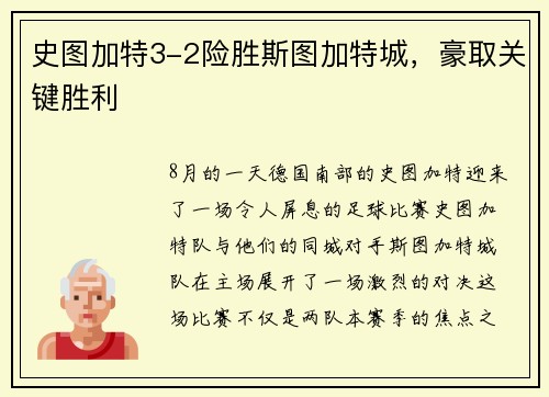 史图加特3-2险胜斯图加特城，豪取关键胜利