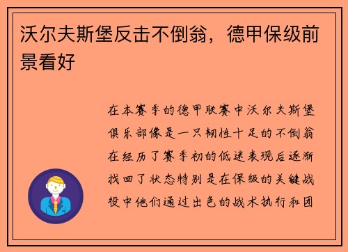 沃尔夫斯堡反击不倒翁，德甲保级前景看好