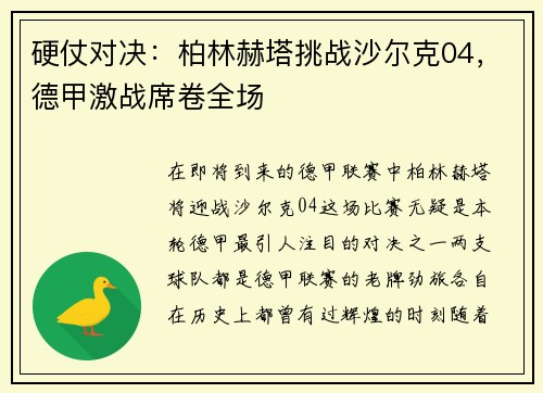 硬仗对决：柏林赫塔挑战沙尔克04，德甲激战席卷全场